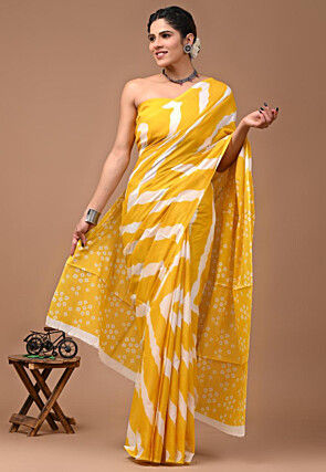 Digital Printed Mulmul Cotton Saree in Yellow and White