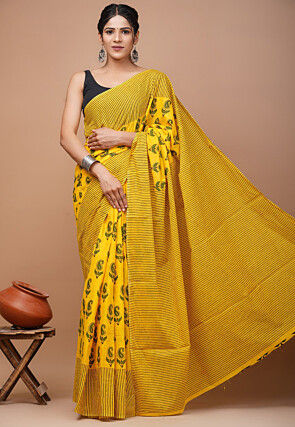 Block Printed Mulmul Cotton Saree in Yellow