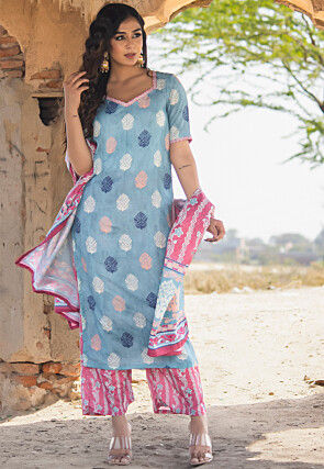 Block Printed Muslin cotton Pakistani Suit in Sky Blue