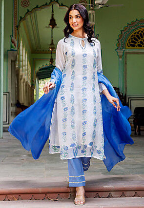 Block Printed Organza Pakistani Suit in Off White