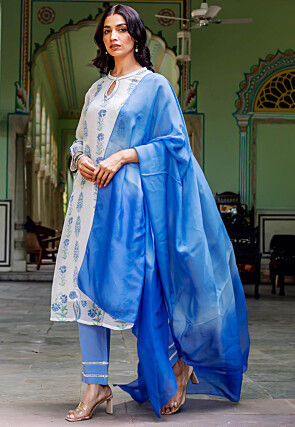 Block Printed Organza Pakistani Suit in Off White