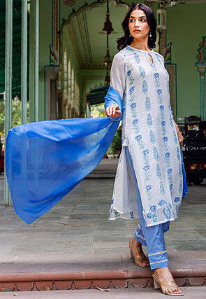 Block Printed Organza Pakistani Suit in Off White