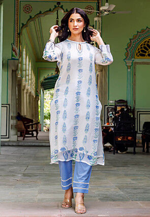 Block Printed Organza Straight Kurta Set in Off White