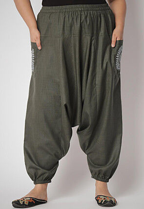 Block Printed Pocket Cotton Harem Pant in Dusty Green