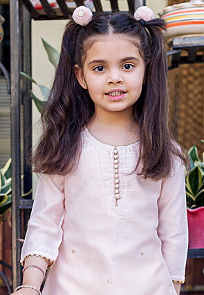 Block Printed Pure Chanderi Silk Straight Kurta Set in Peach