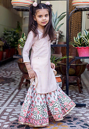 Block Printed Pure Chanderi Silk Straight Kurta Set in Peach