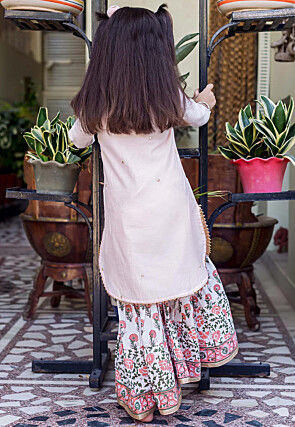 Block Printed Pure Chanderi Silk Straight Kurta Set in Peach