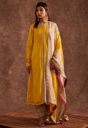 Block Printed Pure Chinon Chiffon Pakistani Suit in Mustard