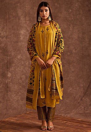 Block Printed Pure Chinon Chiffon Pakistani Suit in Mustard