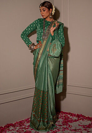 Block Printed Pure Chinon Silk Saree in Dark Green