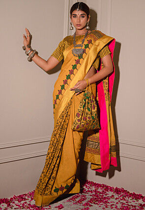 Block Printed Pure Chinon Silk Saree in Mustard