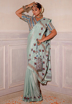 Block Printed Pure Chinon Silk Saree in Blue
