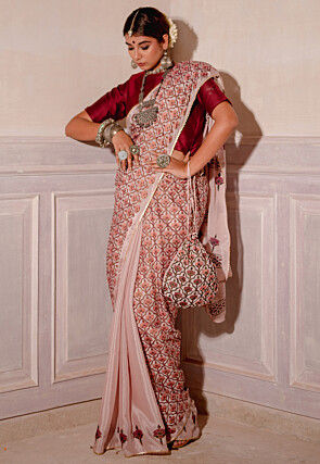 Block Printed Pure Chinon Silk Saree in Peach