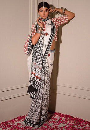 Block Printed Pure Chinon Silk Saree in White