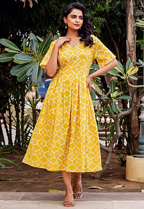 Block Printed Pure Cotton A Line Dress in Yellow