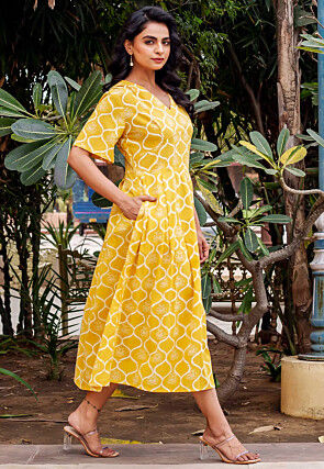 Block Printed Pure Cotton A Line Dress in Yellow