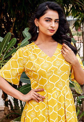 Block Printed Pure Cotton A Line Dress in Yellow