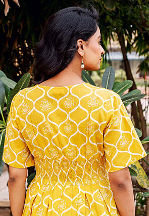 Block Printed Pure Cotton A Line Dress in Yellow