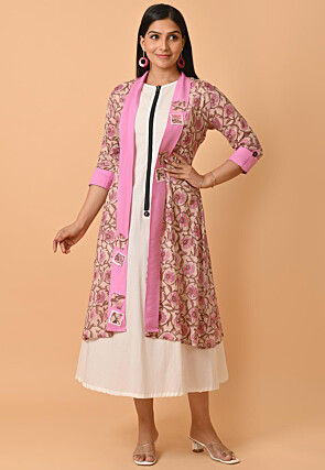 Block Printed Pure Cotton A Line Dress with Jacket in Off White