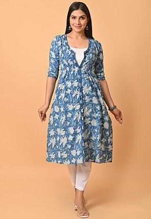 Block Printed Pure Cotton A Line Kurta in Blue and White