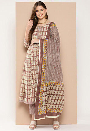 Block Printed Pure Cotton A Line Suit in Brown