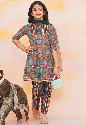 Block Printed Pure Cotton A Line Suit in Dark Green and Red