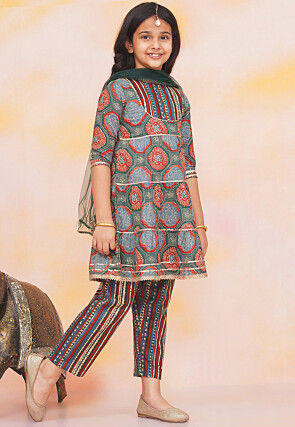 Block Printed Pure Cotton A Line Suit in Dark Green and Red