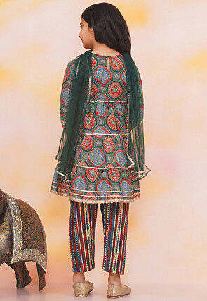 Block Printed Pure Cotton A Line Suit in Dark Green and Red