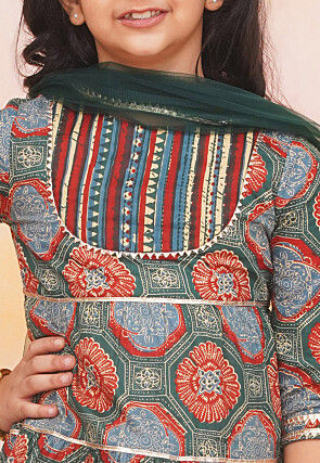 Block Printed Pure Cotton A Line Suit in Dark Green and Red