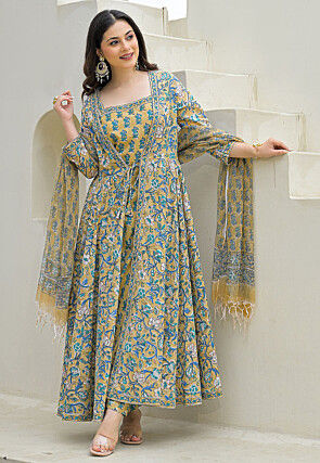 Block Printed Pure Cotton A Line Suit in Dusty Green