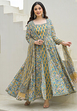 Block Printed Pure Cotton A Line Suit in Dusty Green