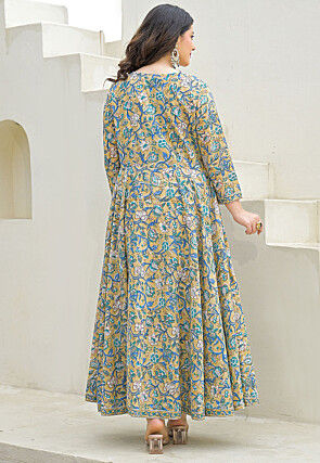 Block Printed Pure Cotton A Line Suit in Dusty Green