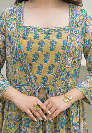 Block Printed Pure Cotton A Line Suit in Dusty Green