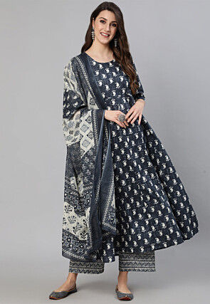Block Printed Pure Cotton A Line Suit in Grey