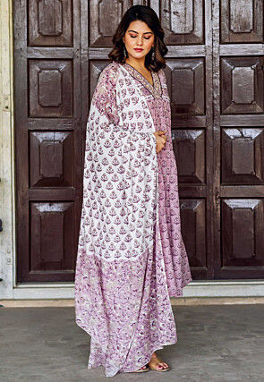 Block Printed Pure Cotton A Line Suit in Light Purple