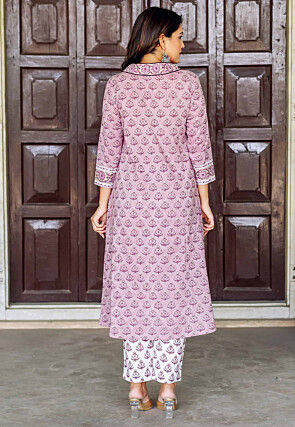 Block Printed Pure Cotton A Line Suit in Light Purple