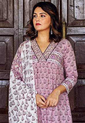 Block Printed Pure Cotton A Line Suit in Light Purple