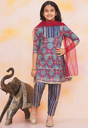 Block Printed Pure Cotton A Line Suit in Navy Blue and Pink