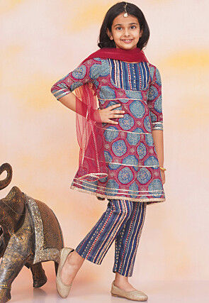 Block Printed Pure Cotton A Line Suit in Navy Blue and Pink
