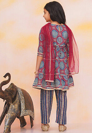 Block Printed Pure Cotton A Line Suit in Navy Blue and Pink