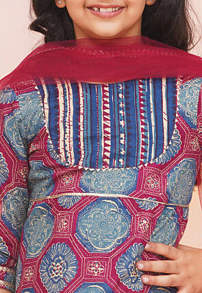 Block Printed Pure Cotton A Line Suit in Navy Blue and Pink