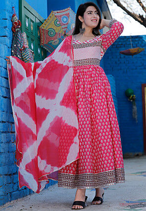 Block Printed Pure Cotton Abaya Style Suit in Pink