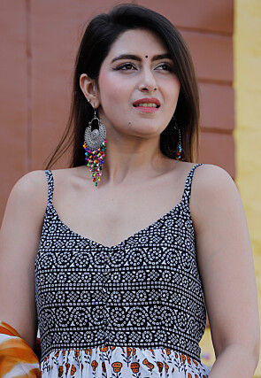 Block Printed Pure Cotton Abaya Style Suit in White and Black