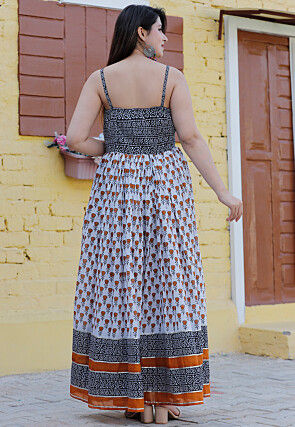 Block Printed Pure Cotton Abaya Style Suit in White and Black