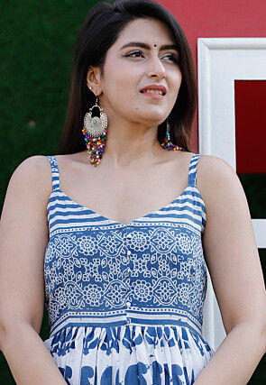 Block Printed Pure Cotton Abaya Style Suit in White and Royal Blue