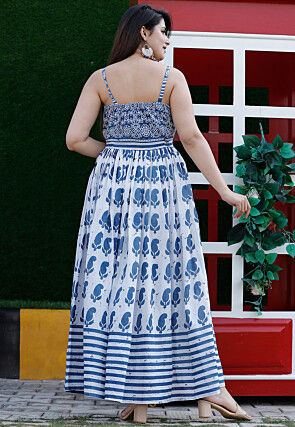 Block Printed Pure Cotton Abaya Style Suit in White and Royal Blue