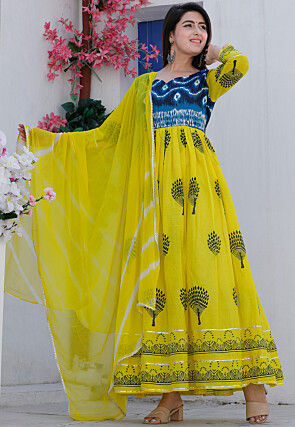 Block Printed Pure Cotton Abaya Style Suit in Yellow