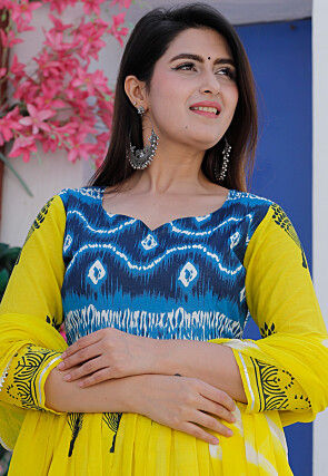 Block Printed Pure Cotton Abaya Style Suit in Yellow