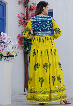 Block Printed Pure Cotton Abaya Style Suit in Yellow