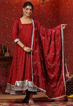 Block Printed Pure Cotton Aline Suit in Red